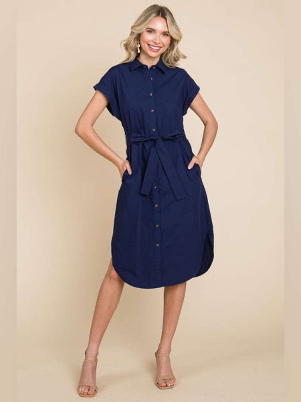 ROLYPOLY Navy Blue Button Up Tie Waist Poplin Pocketed Shirt Dress Sz S